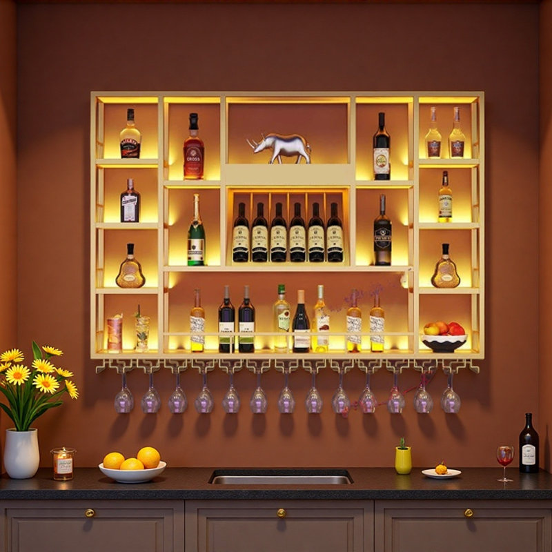 Lacquered Wall Mounted Wine Rack, Gold, 47.2" H x 70.8" W x 7.8" D