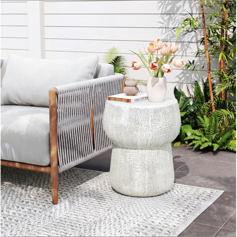 Table d'appoint pour l'extérieur avec processus de fissuration, table basse en béton Morden avec table d'appoint extérieure en forme de tonneau, tabouret de jardin pour patio, jardin, cour.