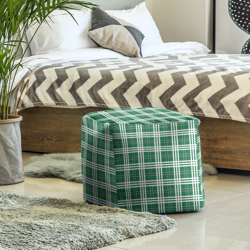 Repose-pieds pouf carré à carreaux Minnesota, H 13 po x l 13 po x P 13 po, Mélange de polyester vert / argent / blanc