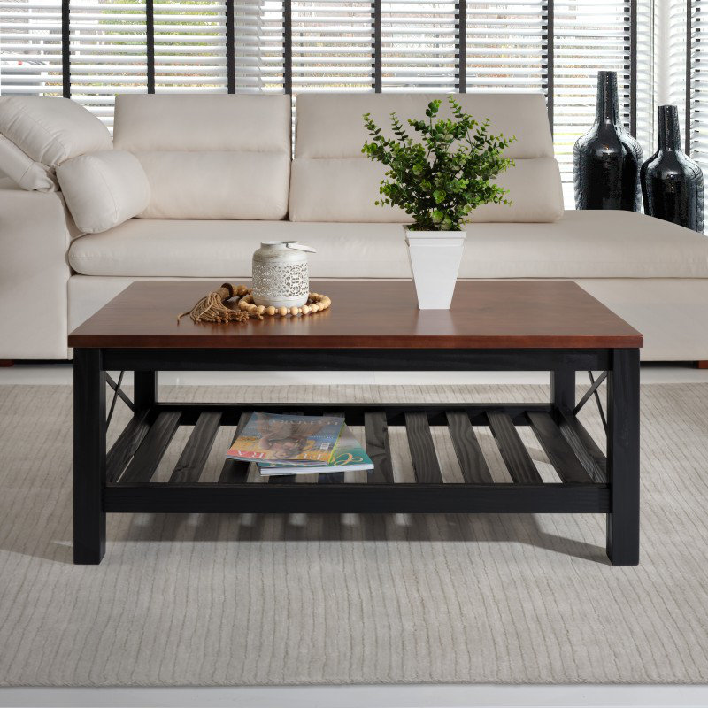 Solid Wood Coffee Table with Storage, Black