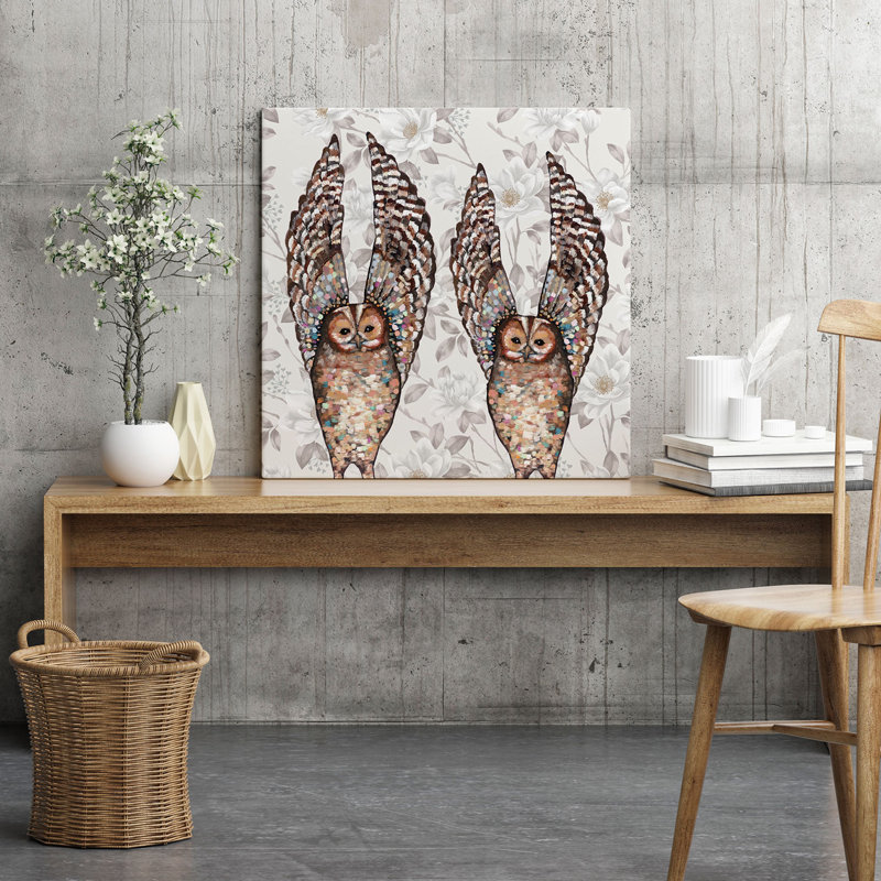 «Owl Duo - Floral», reproduction sur toile, H 12 po x l 12 po, Toile tendue