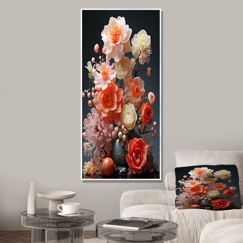 Floral Oasis Bouquet I - Fleurs, art mural, Cadre flottant blanc, H 60 po x l 28 po x P 1,5 po