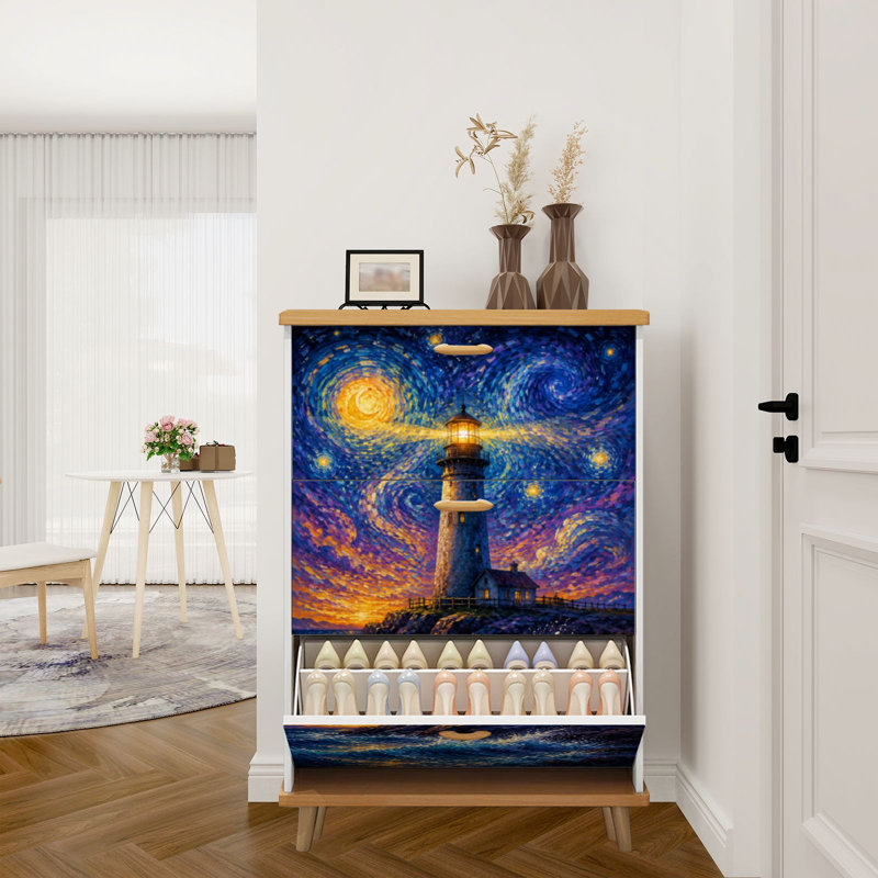 Rangement pour chaussures avec 3 tiroirs rabattables pour le phare sous un ciel étoilé tourbillonnant
