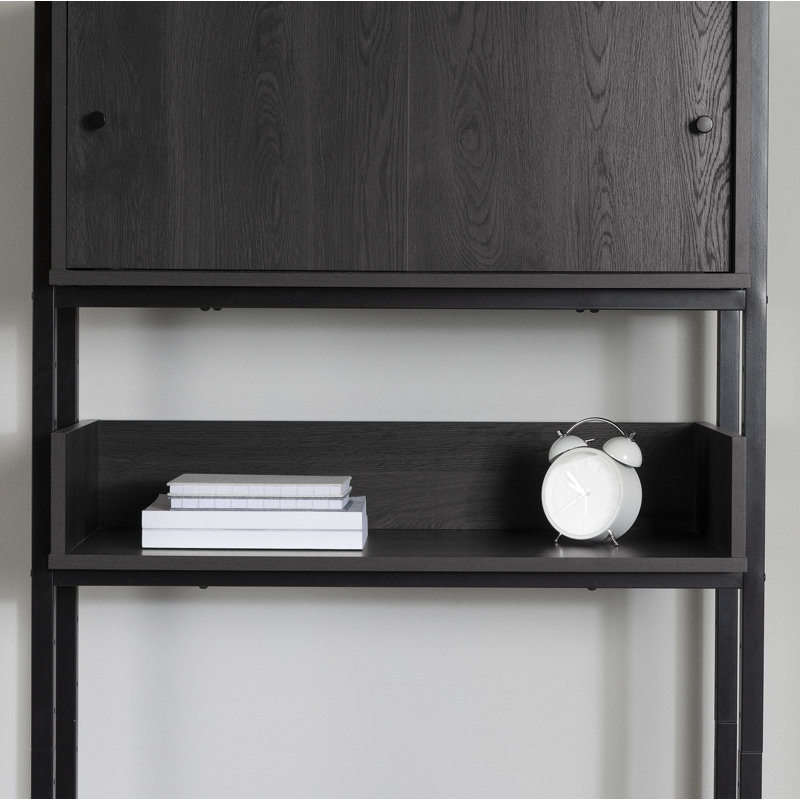 Gray Oak and Black Wall-Mounted Desk with Power Outlets and Storage