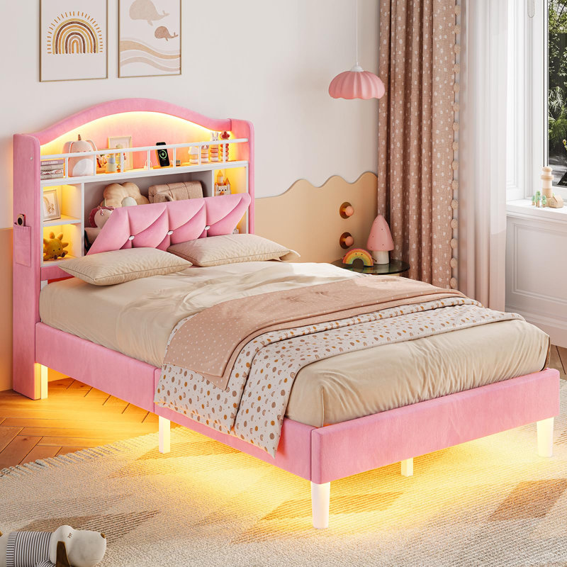 Lit plateforme tapissier en velours avec lumières à DEL et station de charge, cadre de lit princesse avec tête de lit à DEL, garde-corps, bouton en cristal, aucun sommier nécessaire