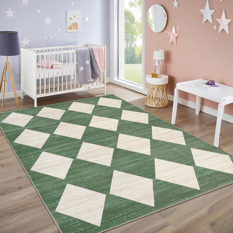Washable Rug Modern Checkered Rugs Lattice Distressed Minimalist Aesthetic Rugs for Bedroom Laundry Farmhouse, Green