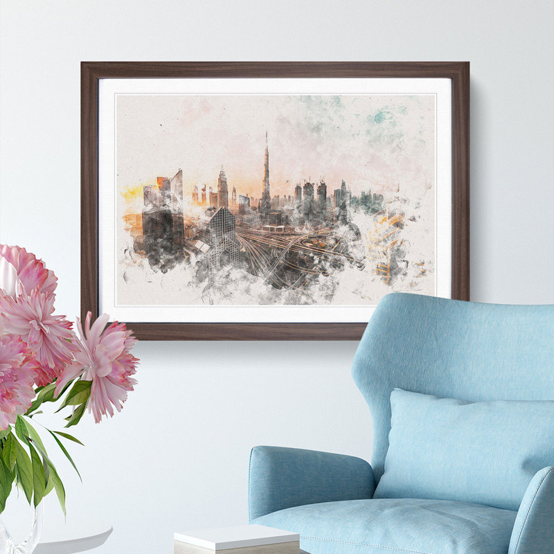 Burj Khalifa Dubai Skyline - Single Picture Frame Painting on MDF, 45cm H x 63cm W x 2cm D, Walnut Framed