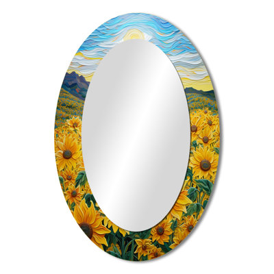 Vangogh Style Sunflowers Mountains - Traditional Oval Wall Mirror