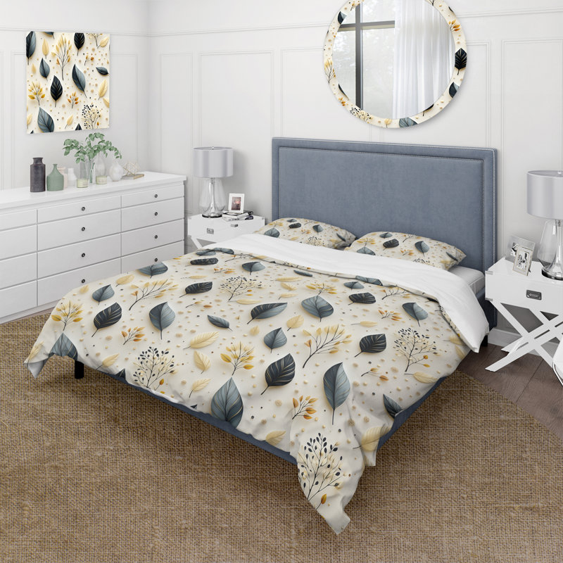 Literie à motifs de feuilles modernes, Housse de couette pour grand lit et 2 taies décor