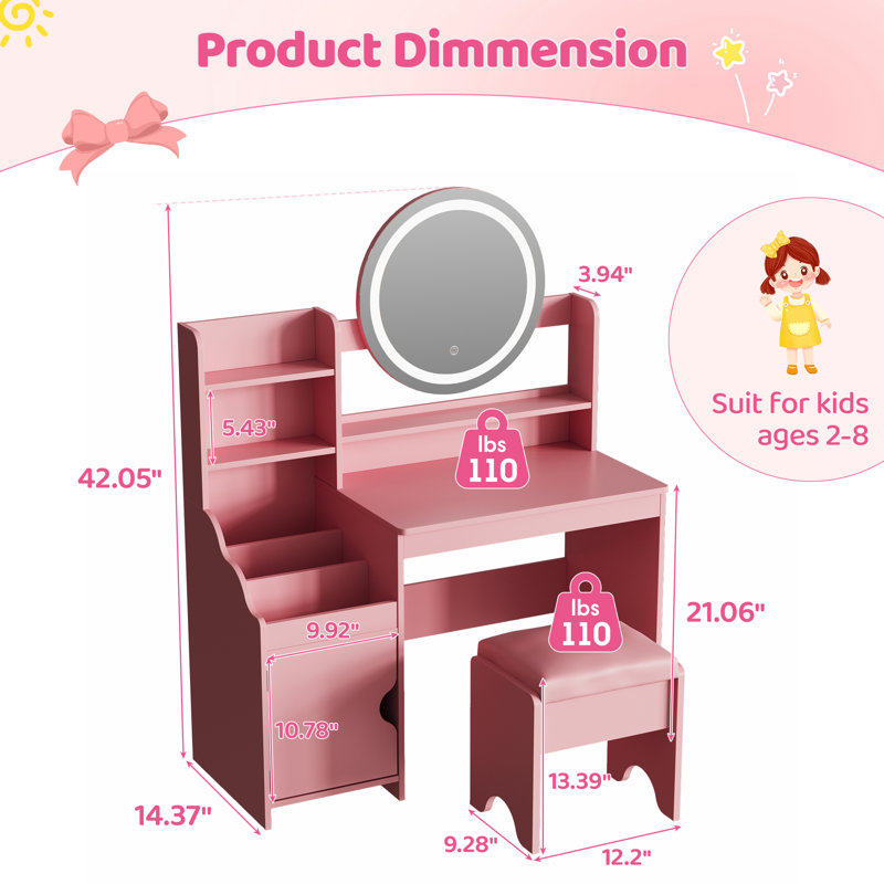 Kids Vanity With Lights, Pink