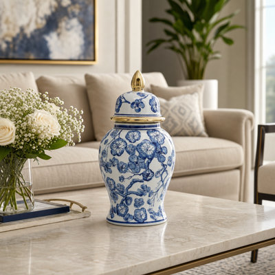 Grand pot classique en céramique avec couvercle, idéal pour la décoration de table - Pot décoratif élégant et traditionnel - Blanc et bleu
