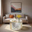 Table basse cylindrique avec miroir en verre, motif marbré et décoration poudre dorée-656926961