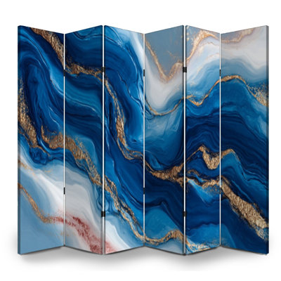 Cloison pliante 6 panneaux paravent Royal luxueux moderne abstrait art fluide en couleurs bleu doré Toile Séparateur de pièce Cloison de protection autoportante Cloison d'intimité