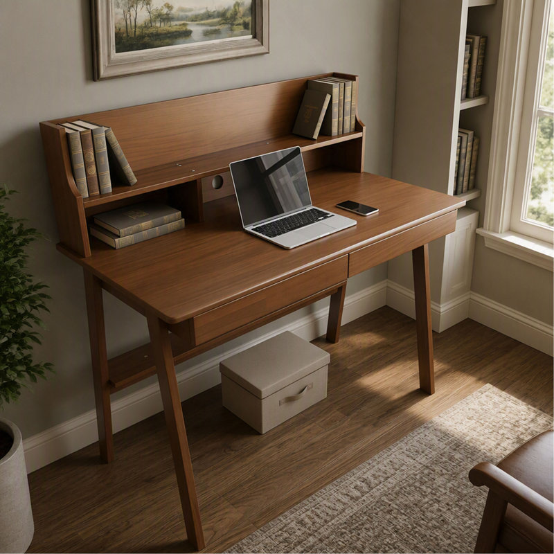 Bureau en bois massif 100 %, table d'ordinateur moderne de style milieu du siècle avec tiroir pour chambre à coucher