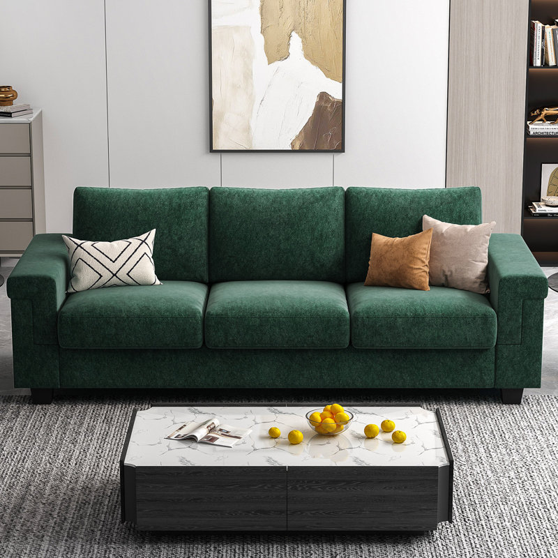 Canapé en polyester à accoudoirs carrés Dereon, Vert, H 32,7 po x l 90 po x P 35 po