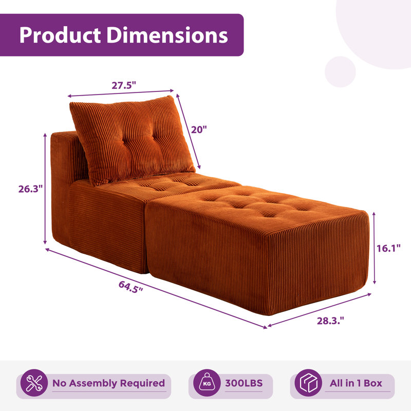 Canapé modulaire avec méridienne, Velours côtelé orange