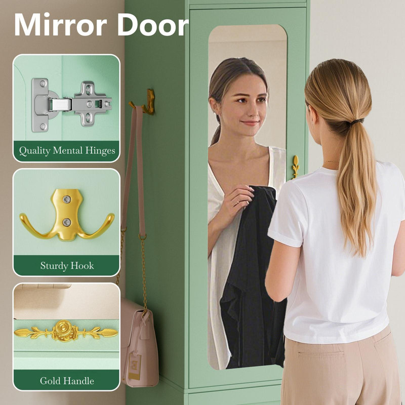 Armoire-penderie avec 6 tiroirs, miroir, tringle et éclairage DEL à détecteur de mouvement pour chambre à coucher, verte