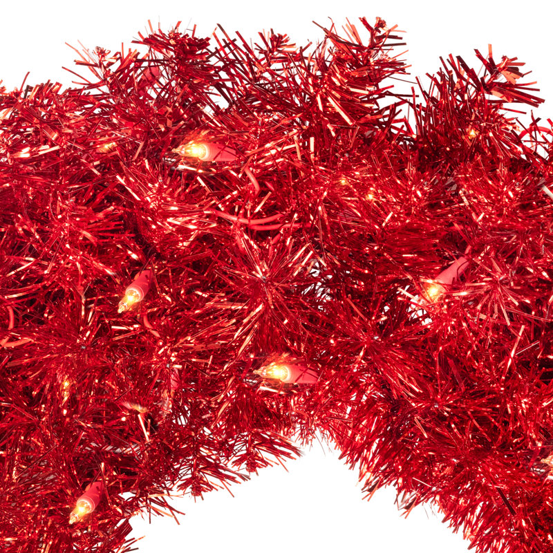 Pre-Lit Artificial Tinsel Christmas Wreath - 24" - Clear Lights, Red