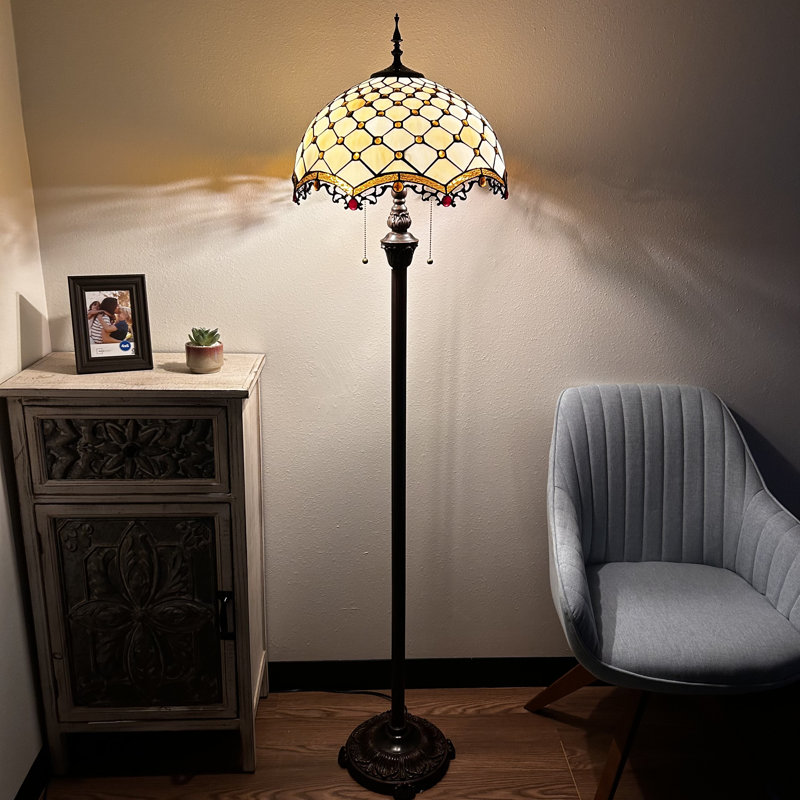 Shella Tiffany Floor Lamp Beige Stained Glass Crystal Beans Metal Base LED Bulbs Included 16"W*16"D*64"H