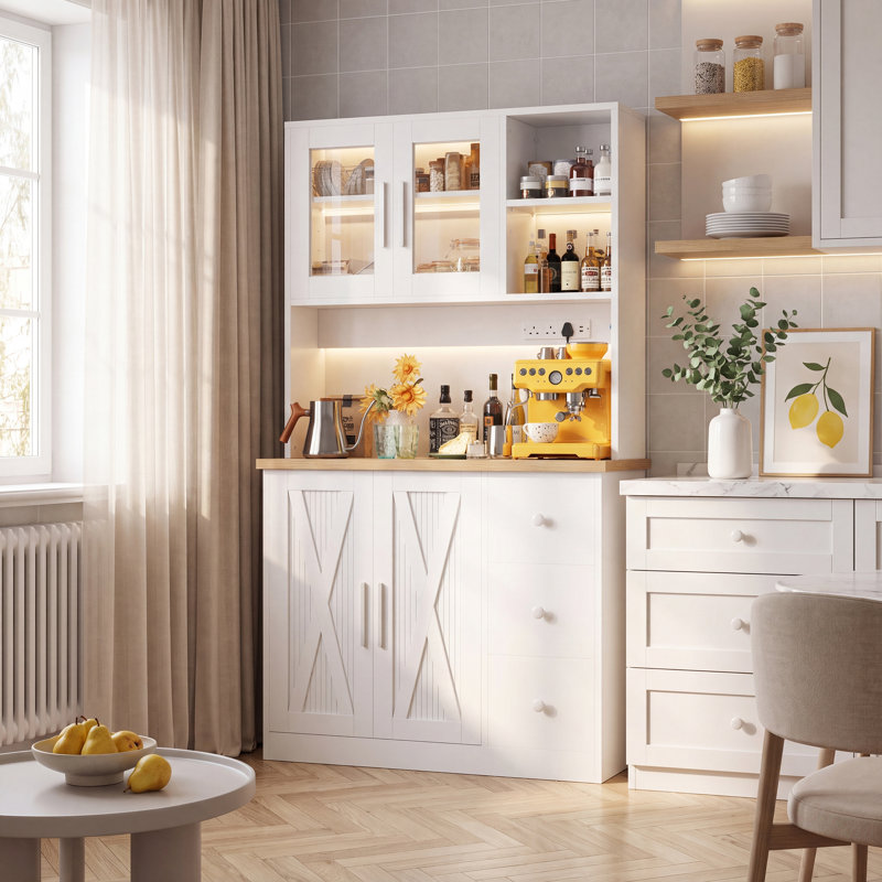 Kitchen Larder Pantry Cabinet Sideboard with Sockets,LED Light,Drawers