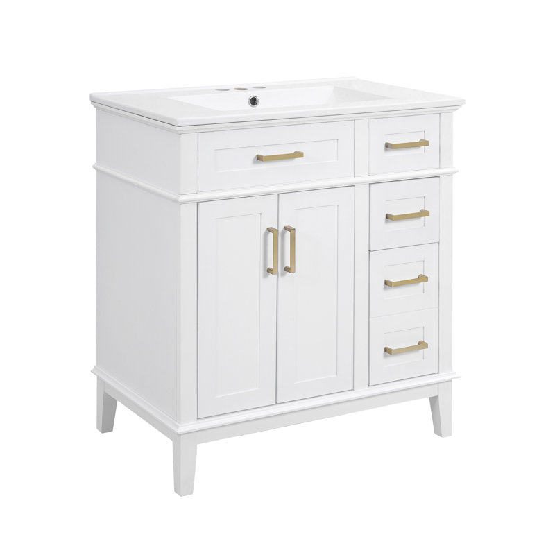 Bathroom Vanity with Ceramic Sink, Modern Storage Cabinet with Soft-Close Doors, Deep Drawer & Standard Drawer, Stylish Bath Vanity for Small Bathrooms