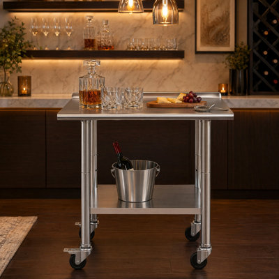 Stainless Steel Work Table 30" W x 24" D x 35" H, Commercial Food Prep Table with 4 Wheels, Back Splash and Adjustable Undershelf, Utility Workstation for Restaurant Home Outdoor