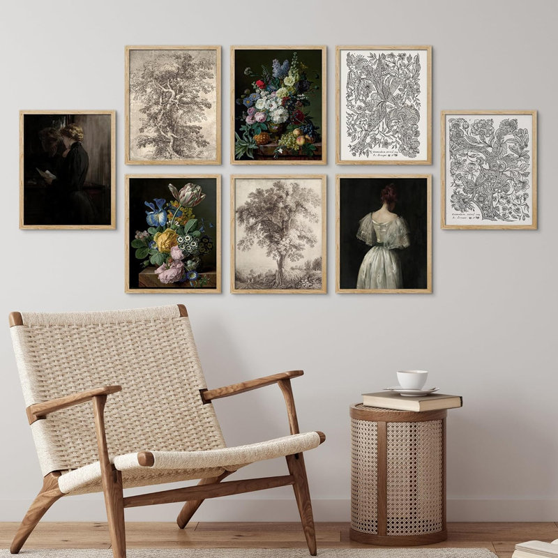Fleur, croquis de bouquet rustique, arbres, forêt, nature, femme, portrait, 8 pièces, L 11 po x H 14 po, Encadré naturel