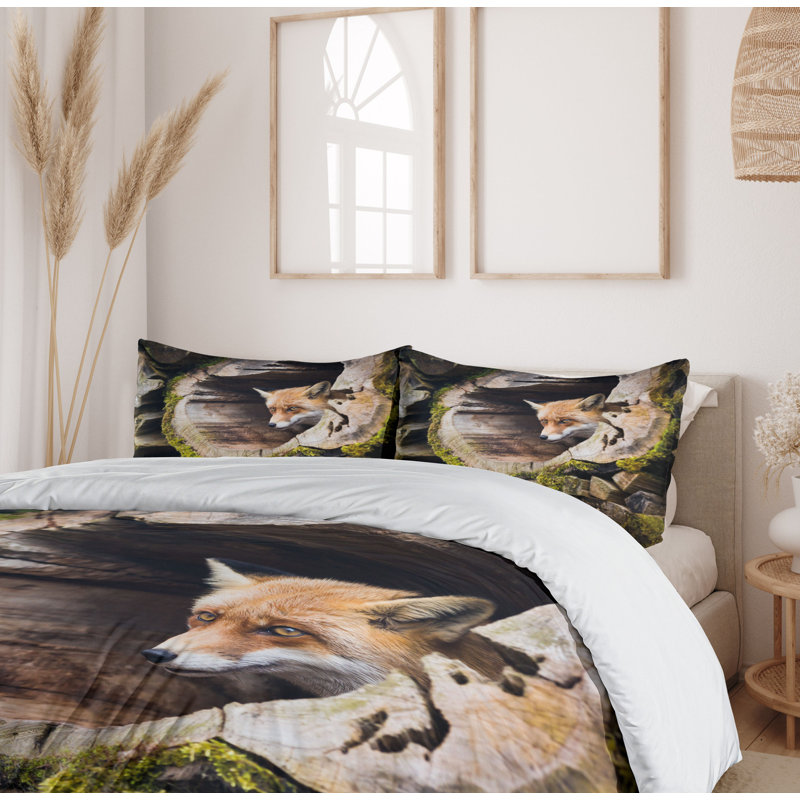 King Size Multicolor Forest Fox Microfiber Duvet Cover Set