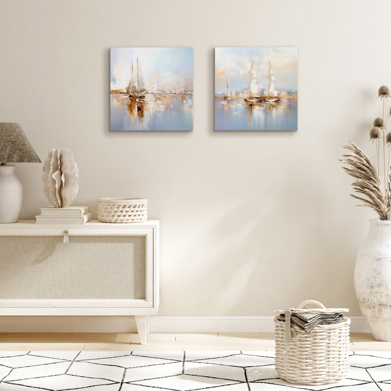 Art mural sur toile 12 x 12 avec voiliers blancs - ensemble de 2 - enveloppes de galerie - beige, bleu et gris - art mural côtier marin