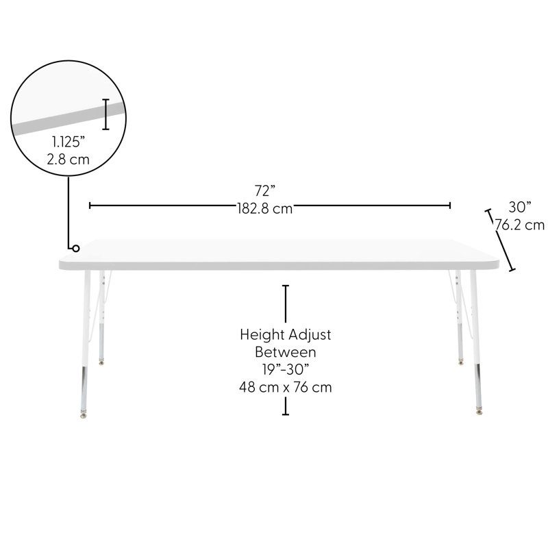 Table rectangulaire d'activités thermofusionnées avec pieds réglables et pivotants standard, H 30 po x l 30 po x P 72 po