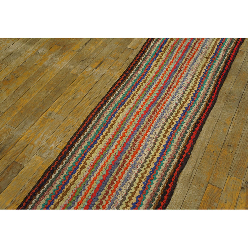 Striped Vintage Mid Century Modern Extra Long and Narrow Braided American Hallway Runner Rug