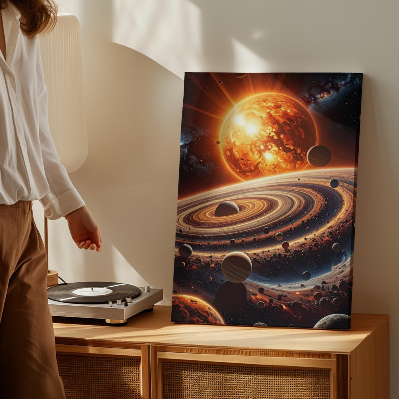 Art mural, toile, système cosmique, planètes orbitales et soleil ardent dans un vaste univers, prêt à accrocher
