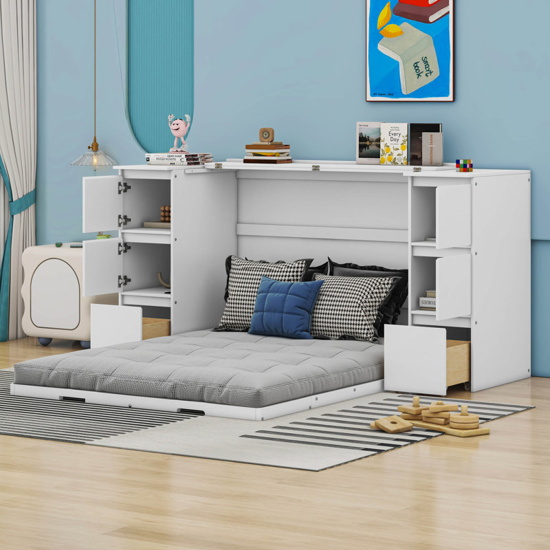 White Full Size Murphy Bed with Drawers and USB Ports