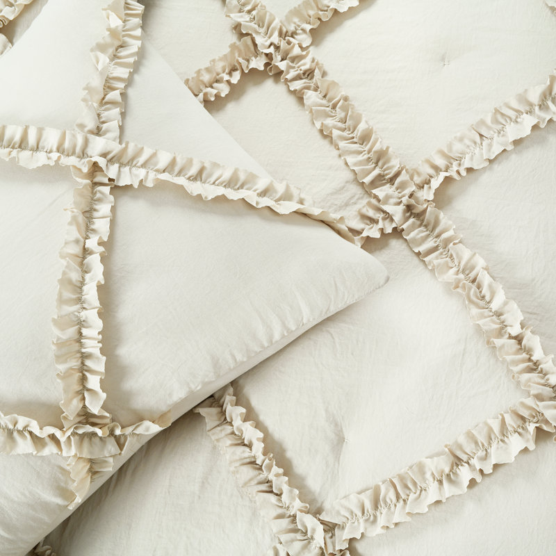 Ruffle Diamond Microfiber 3 Piece Comforter Set, Full/Queen Comforter + 2 Standard Shams, Neutral