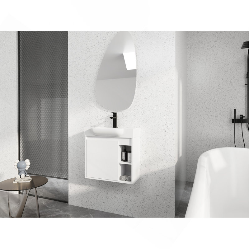 Meuble-lavabo mural 24 po avec lavabo en céramique blanche et porte à fermeture en douceur, blanc brillant, White