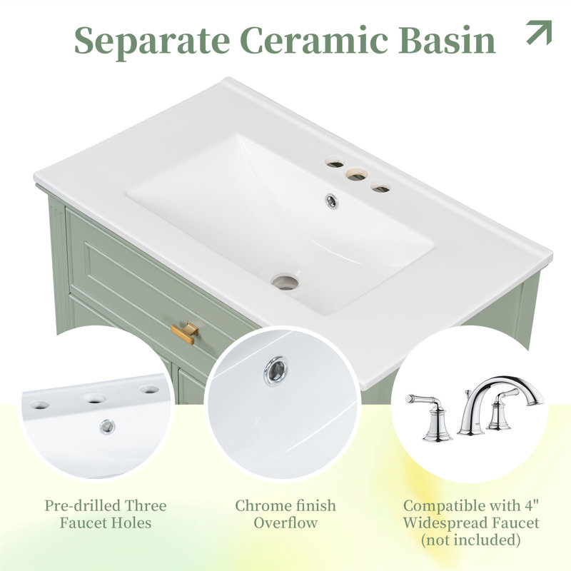 30"W Single Bathroom Vanity With Ceramic Sink, Drawers And Adjustable Shelf, Green