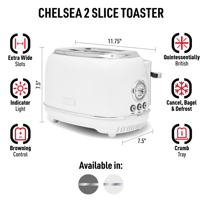 HADEN Chelsea 2 Slice Toaster Wide Slot with Removable Crumb Tray and Control Settings Chrome, Ivory/Chrome