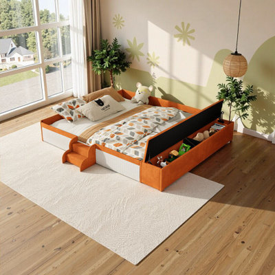Luxury King Size Velvet Upholstered Daybed with Stairs & Gas Lift Storage Ottoman - Brown & White