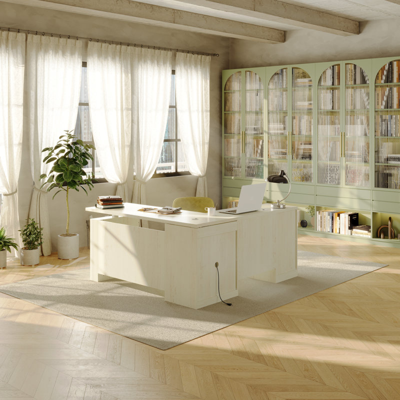 63"W L-Shaped 3-Drawer Lift Computer Desk Executive Desk With 63"W Bookcase