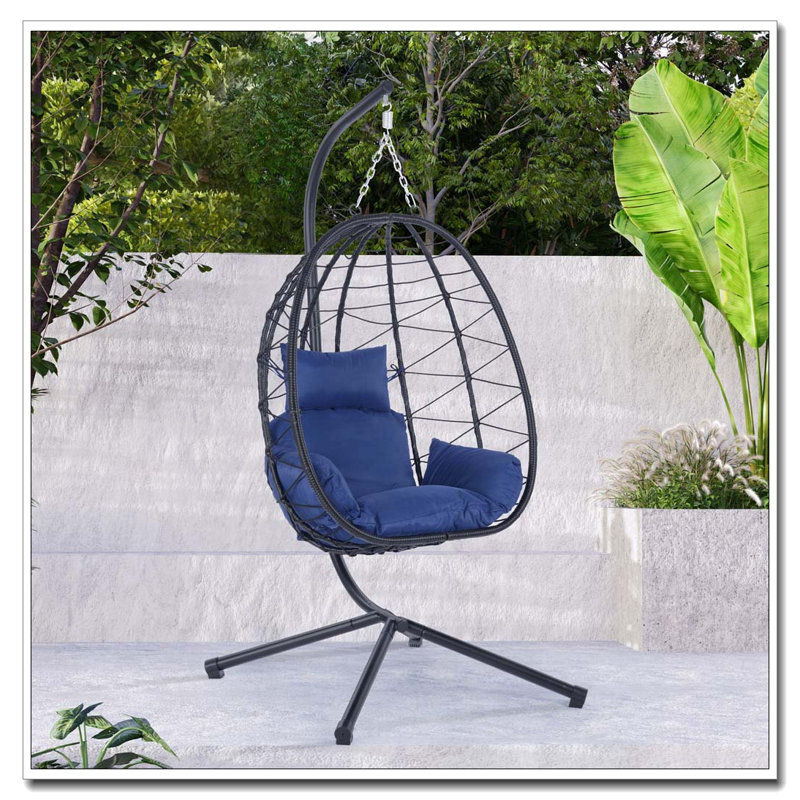Fauteuil à œufs suspendu avec support, osier et coussins, bleu foncé, Marine