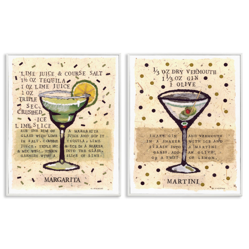 Ensemble de 2 giclées encadrées Margarita & Martini Recipes, design par Nancy Overton, H 14 po x l 22 po