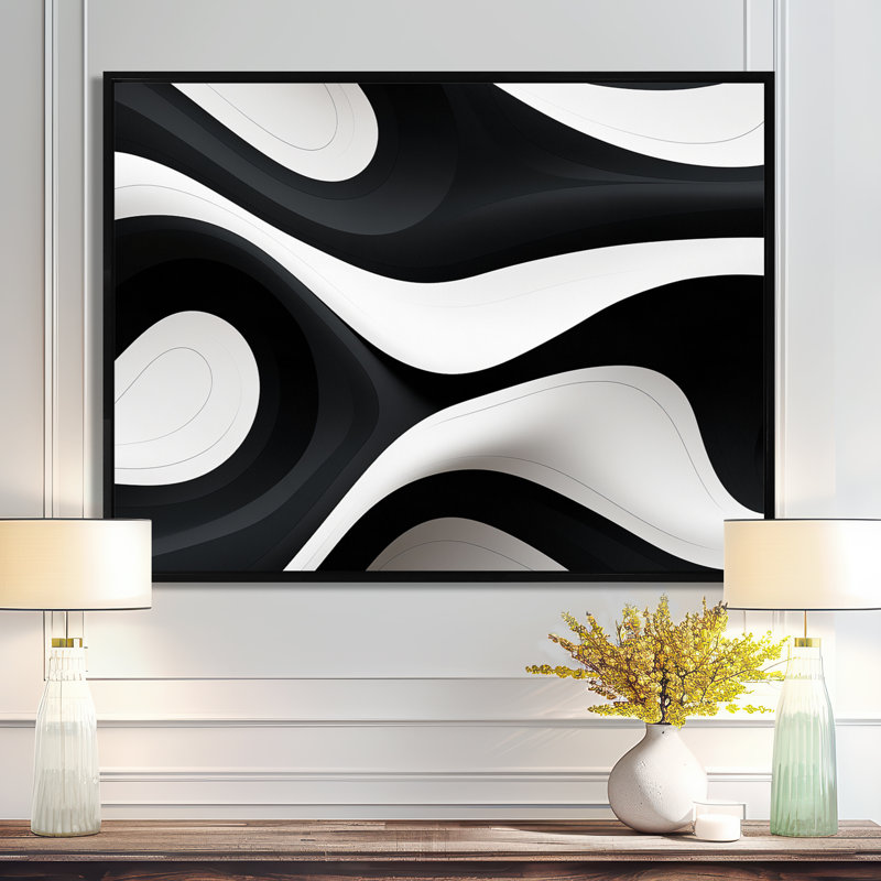 Orka Flows Minimal Black White - Waves Wall Art Print, 12" H x 20" W x 1" D, Black Floater Framed Canvas