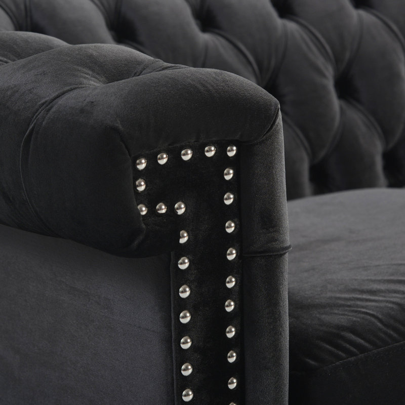 Élégant velours noir 3 po avec capitonnage à boutons profonds et touche moderne élégante à 3 places avec détails cloutés