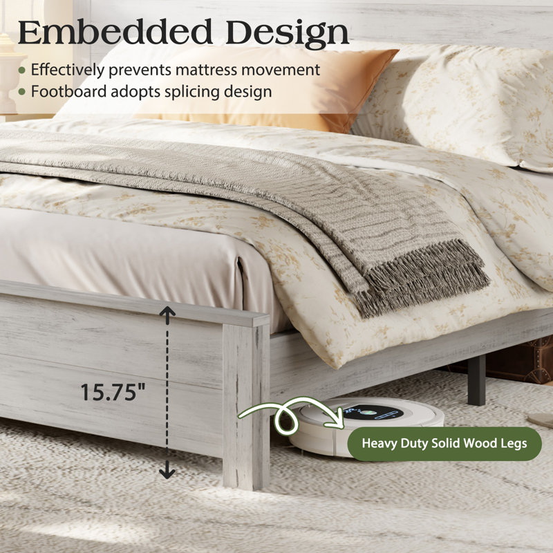 Solid Wood Platform Bed, Rustic Bed Frame With 51.2" Tall Slatted Headboard, Wooden Slats & Metal Support, No Box Spring Needed/noise Free
