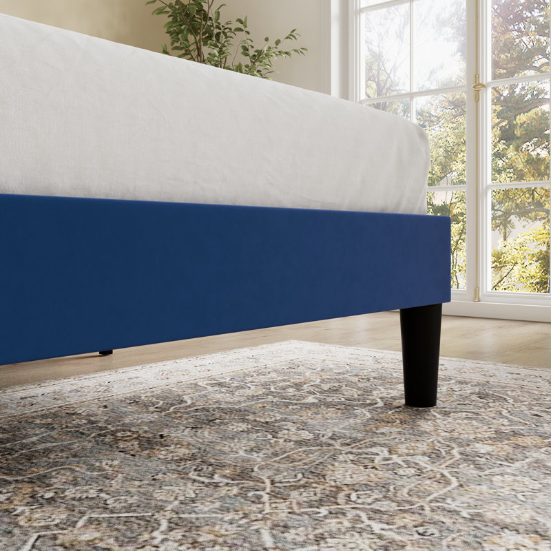Candler Velvet Upholstered Platform Bed with Wingback Headboard and Wooden Slats, Navy Blue, King
