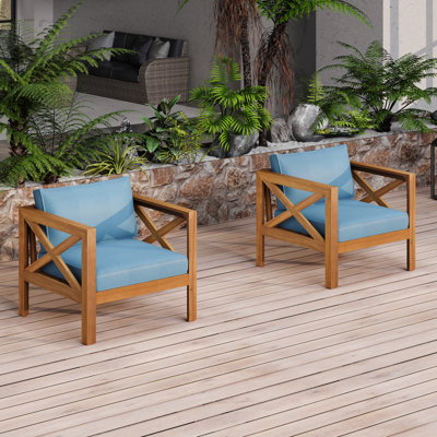 Outdoor Acacia Wood Club Wooden Armchair With Cushions (Set Of 2), Conversation Set,Teak Finish, Cushion
