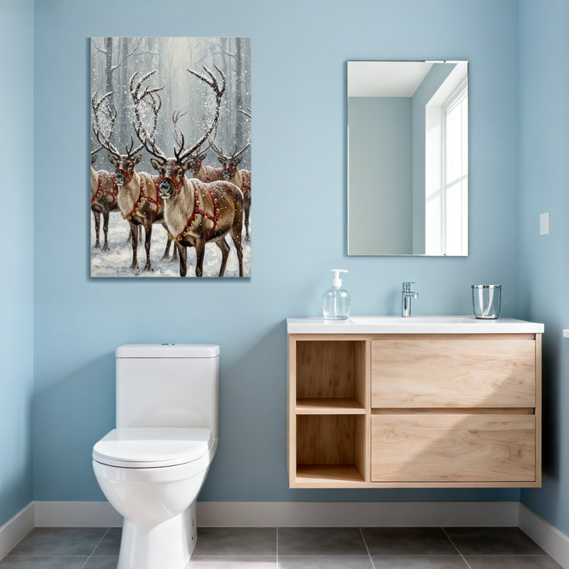 Animaux, renne en hiver, scène de forêt avec de la neige, H 48 po x l 32 po
