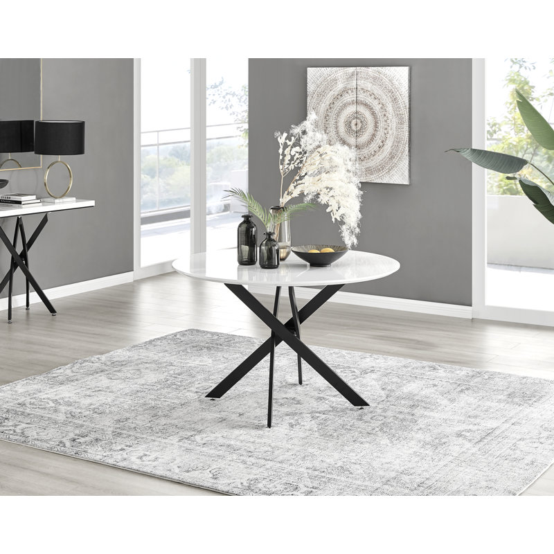 Tierra Modern Chrome Metal & Glass Round Dining Table Set with 4 Luxury Button Velvet Chairs, White High Gloss