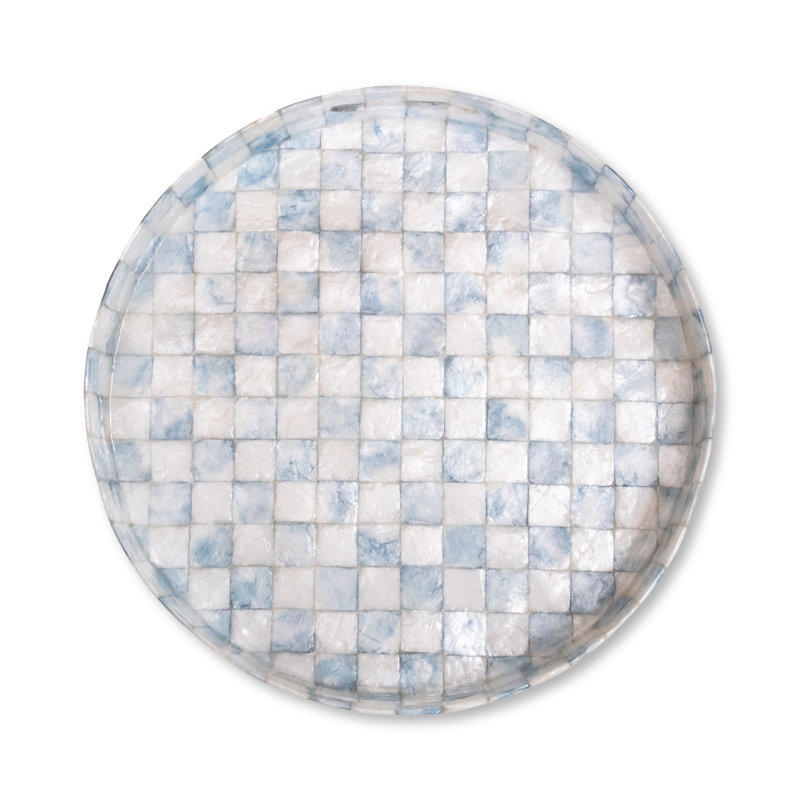 Gold Check Capiz Vanity Tray, 2" H x 14" W x 14" D, Blue, Round