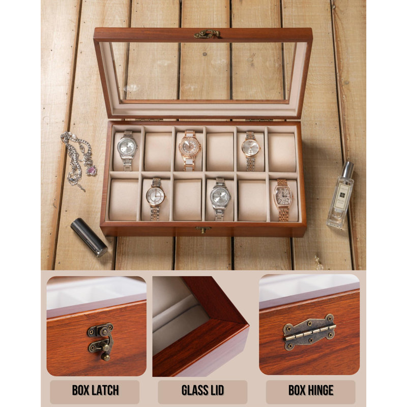 Walnut Wooden Watch Box with Glass Lid and Linen Lining
